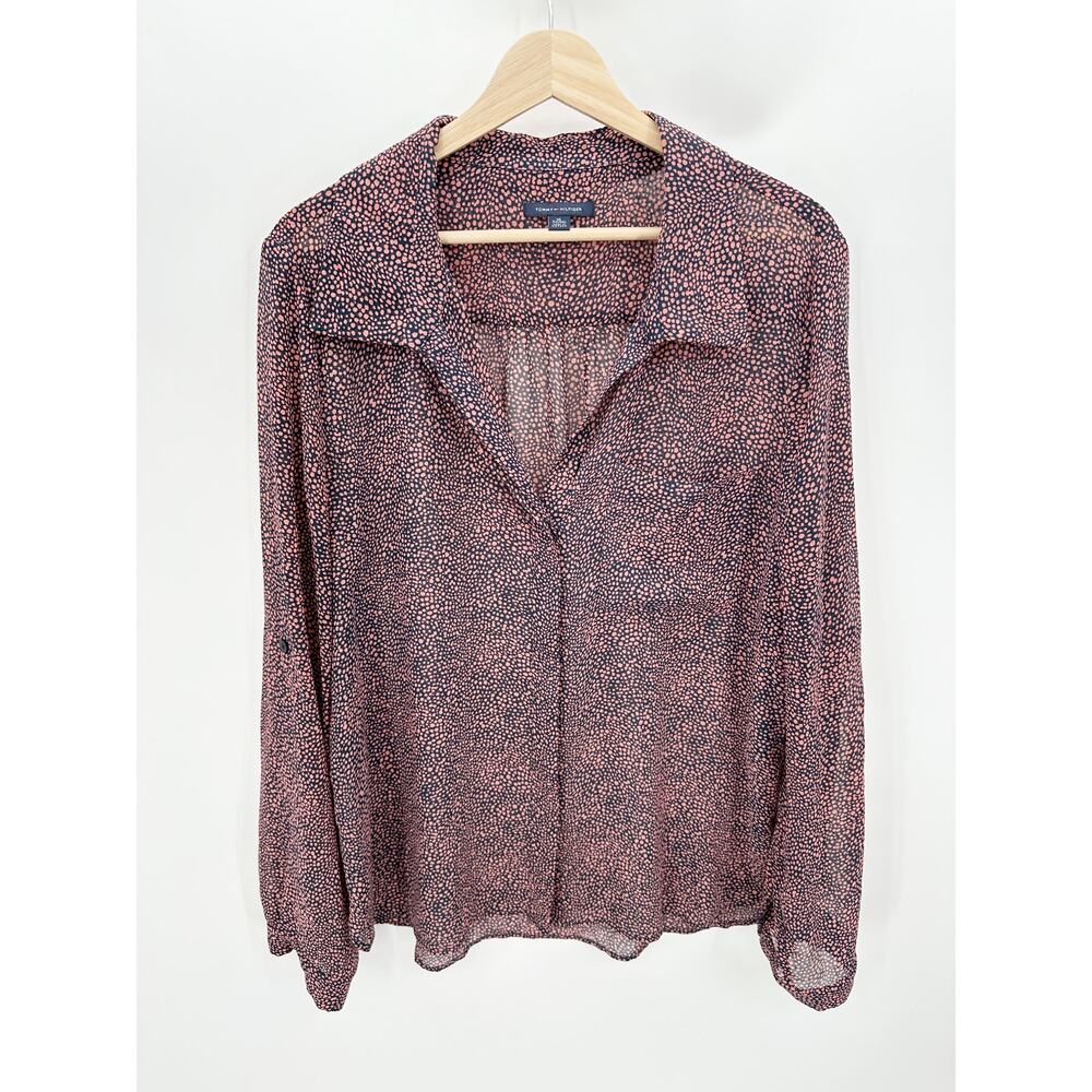 Tommy Hilfiger Pink Blue Speckled Button Down Sheer Blouse Polyester Women XL